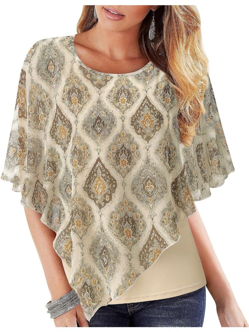 Women's Beige Retro Flower Elegant Lightweight Flowy Shirt Double Layered Top
